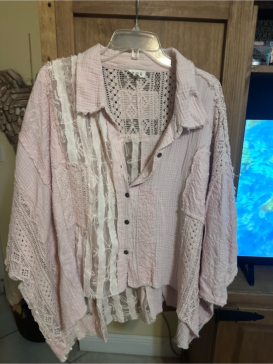 POL Tops - POL Light Pink Boho Lace Patchwork Button-Up Blouse
